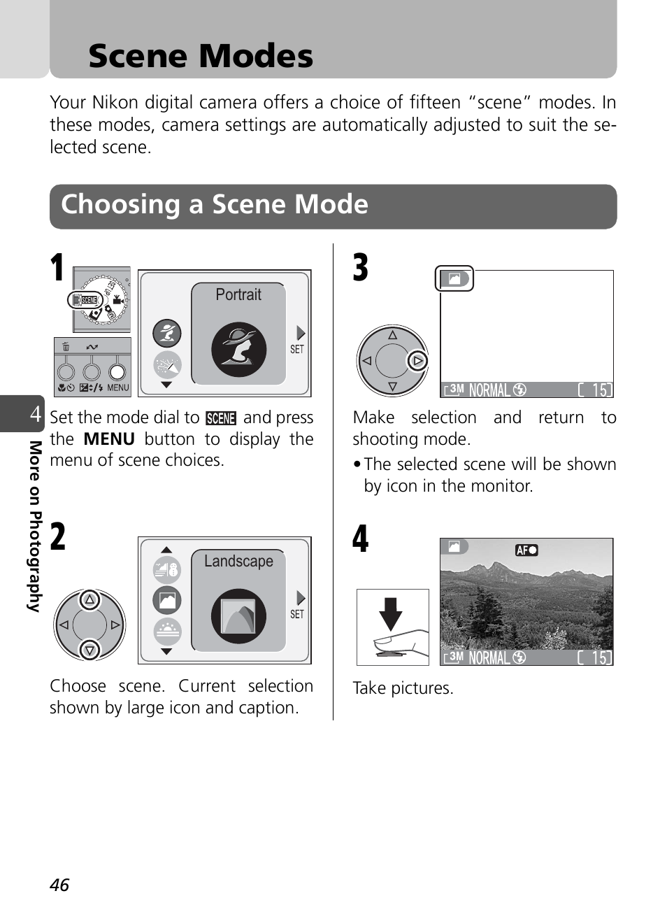 Scene modes, Choosing a scene mode | Nikon Coolpix SQ User Manual | Page 46 / 116