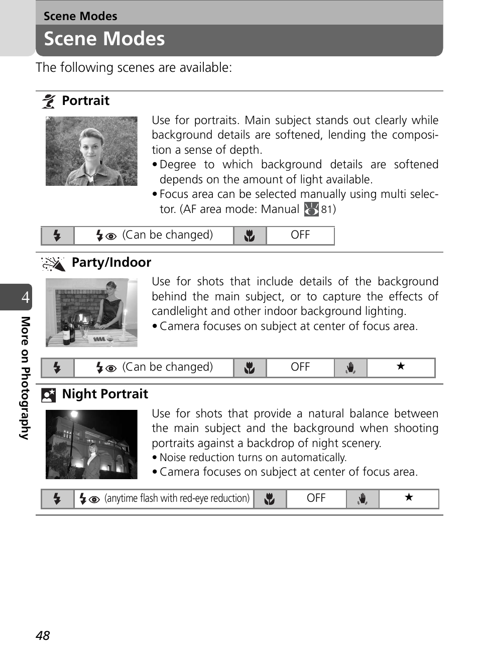 Scene modes | Nikon Coolpix SQ User Manual | Page 48 / 116