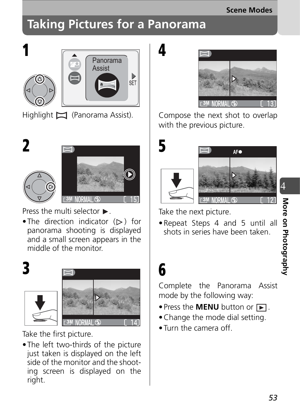 Taking pictures for a panorama | Nikon Coolpix SQ User Manual | Page 53 / 116