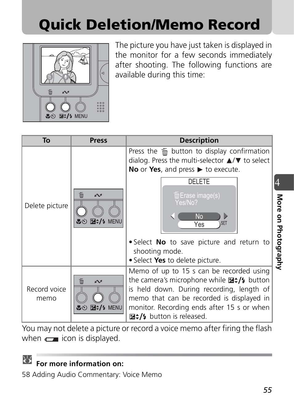 Quick deletion/memo record | Nikon Coolpix SQ User Manual | Page 55 / 116