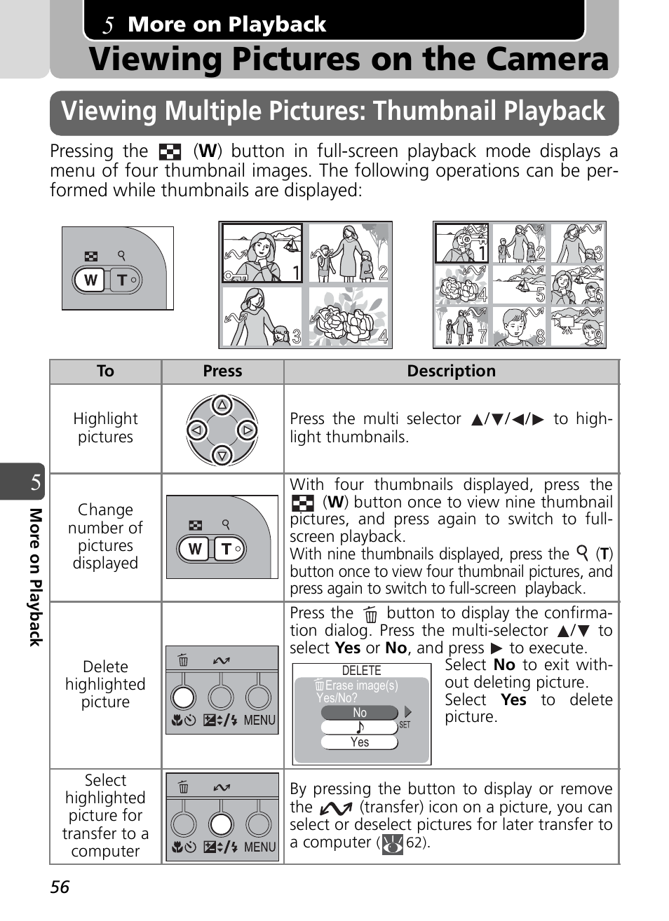 More on playback, Viewing pictures on the camera, Viewing multiple pictures: thumbnail playback | Nikon Coolpix SQ User Manual | Page 56 / 116