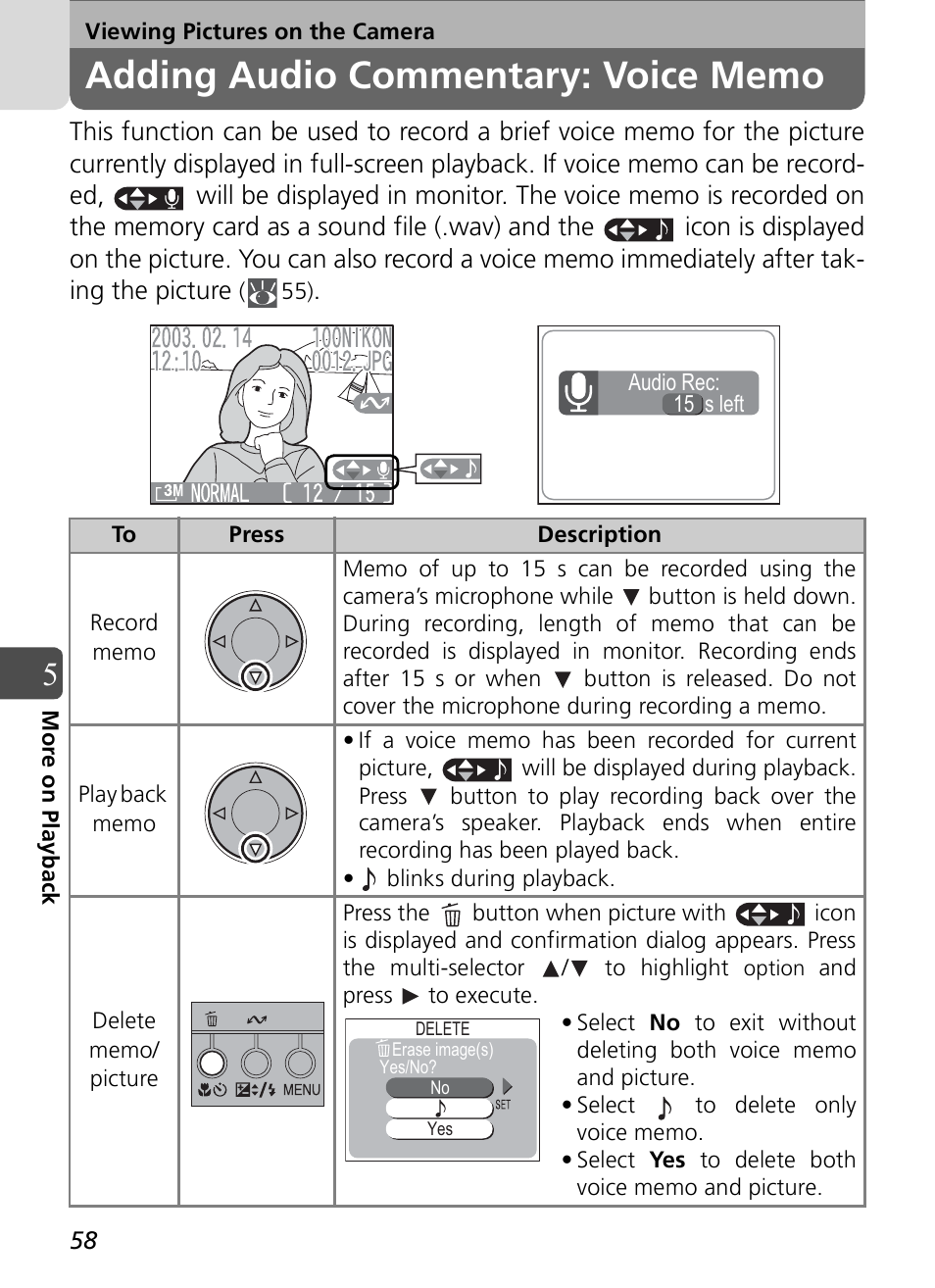 Adding audio commentary: voice memo | Nikon Coolpix SQ User Manual | Page 58 / 116