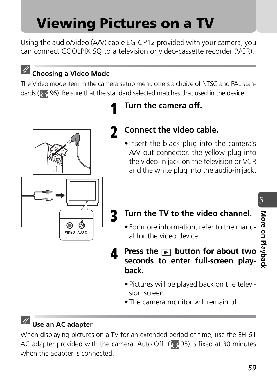 Viewing pictures on a tv | Nikon Coolpix SQ User Manual | Page 59 / 116