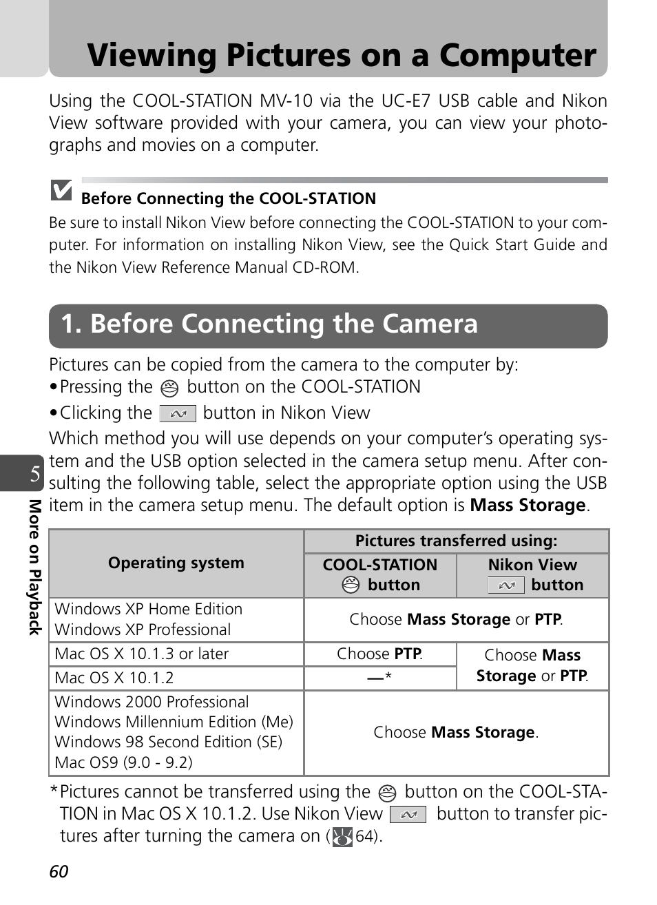 Viewing pictures on a computer, Before connecting the camera | Nikon Coolpix SQ User Manual | Page 60 / 116