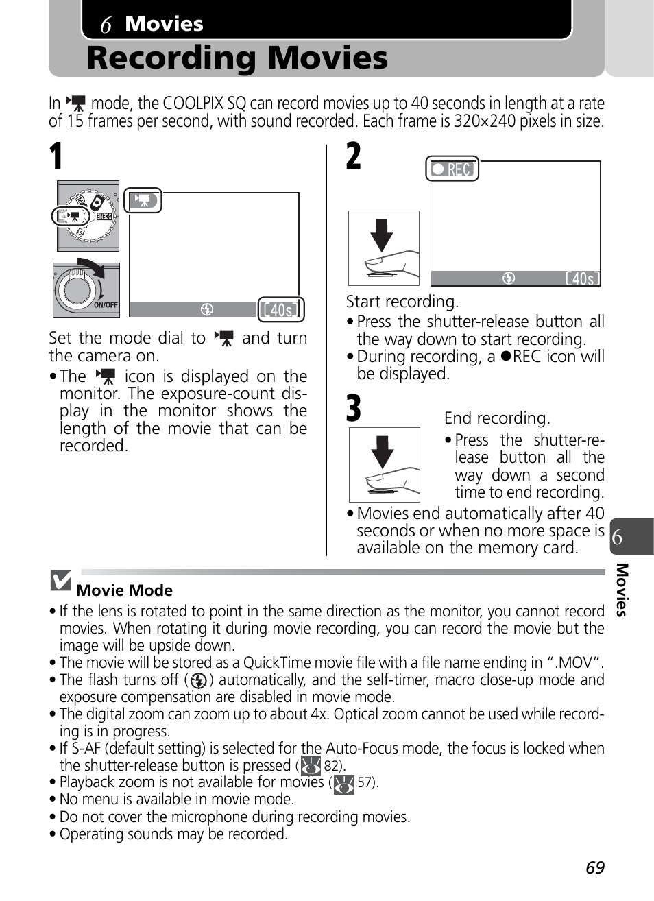 Movies, Recording movies | Nikon Coolpix SQ User Manual | Page 69 / 116