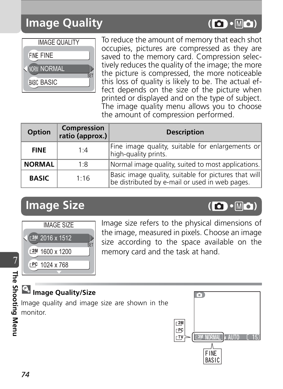 Image quality, Image size | Nikon Coolpix SQ User Manual | Page 74 / 116
