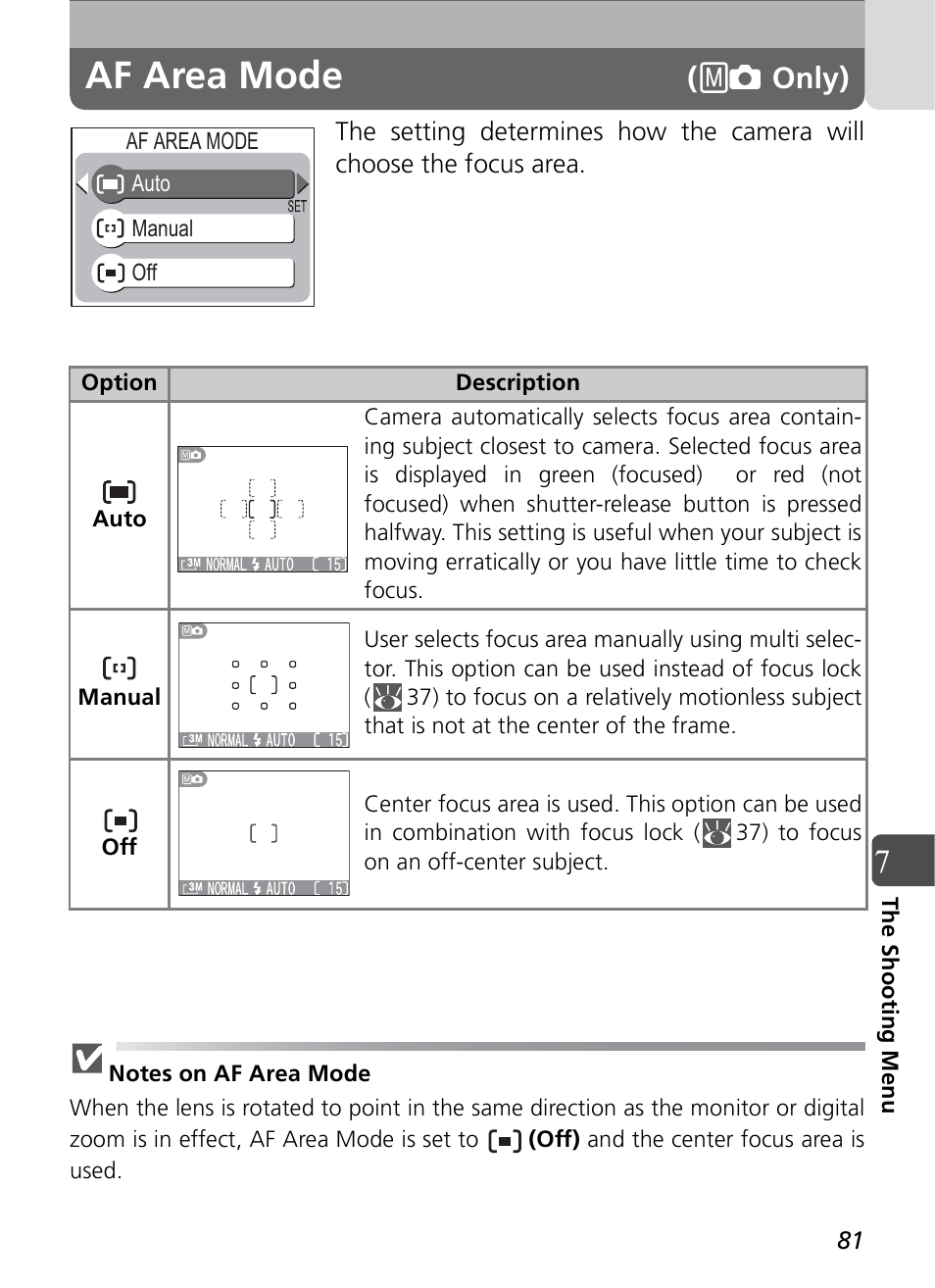 Af area mode, Only) | Nikon Coolpix SQ User Manual | Page 81 / 116