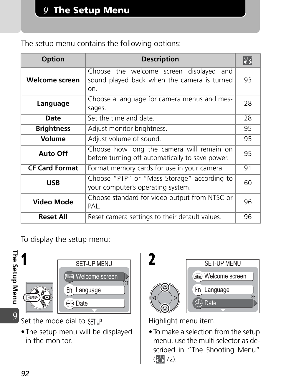 The setup menu | Nikon Coolpix SQ User Manual | Page 92 / 116