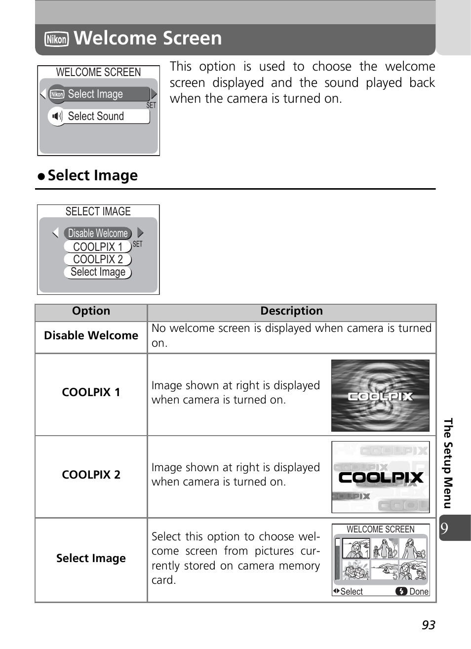 Welcome screen, Select image | Nikon Coolpix SQ User Manual | Page 93 / 116