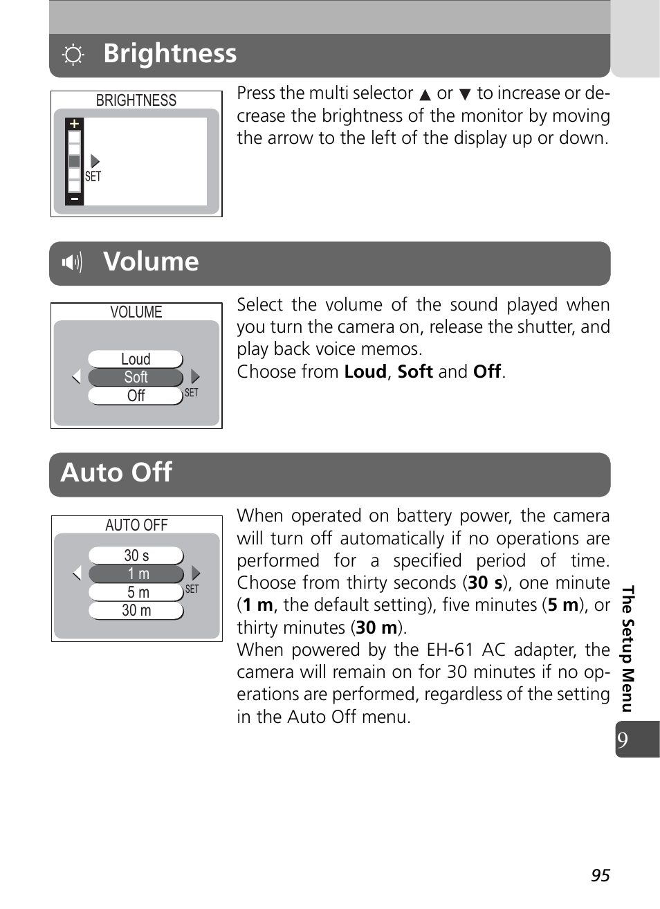 Brightness volume auto off, Brightness, Volume | Auto off | Nikon Coolpix SQ User Manual | Page 95 / 116