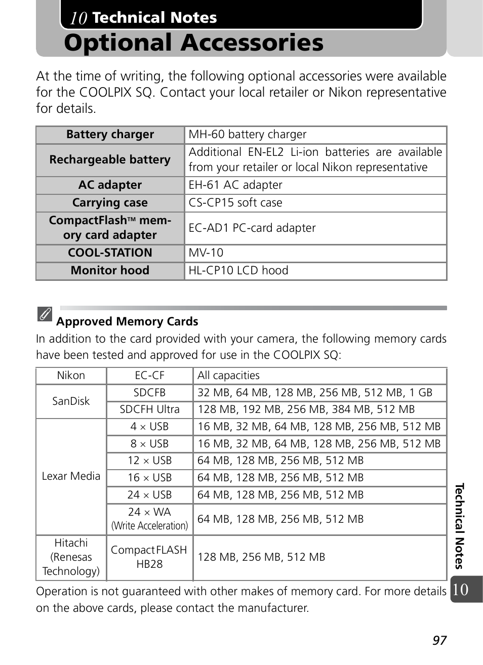 Technical notes, Optional accessories | Nikon Coolpix SQ User Manual | Page 97 / 116