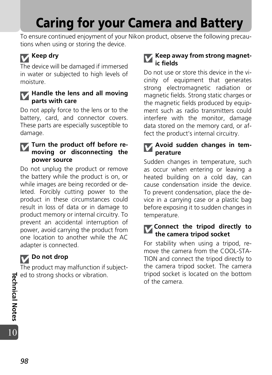 Caring for your camera and battery | Nikon Coolpix SQ User Manual | Page 98 / 116