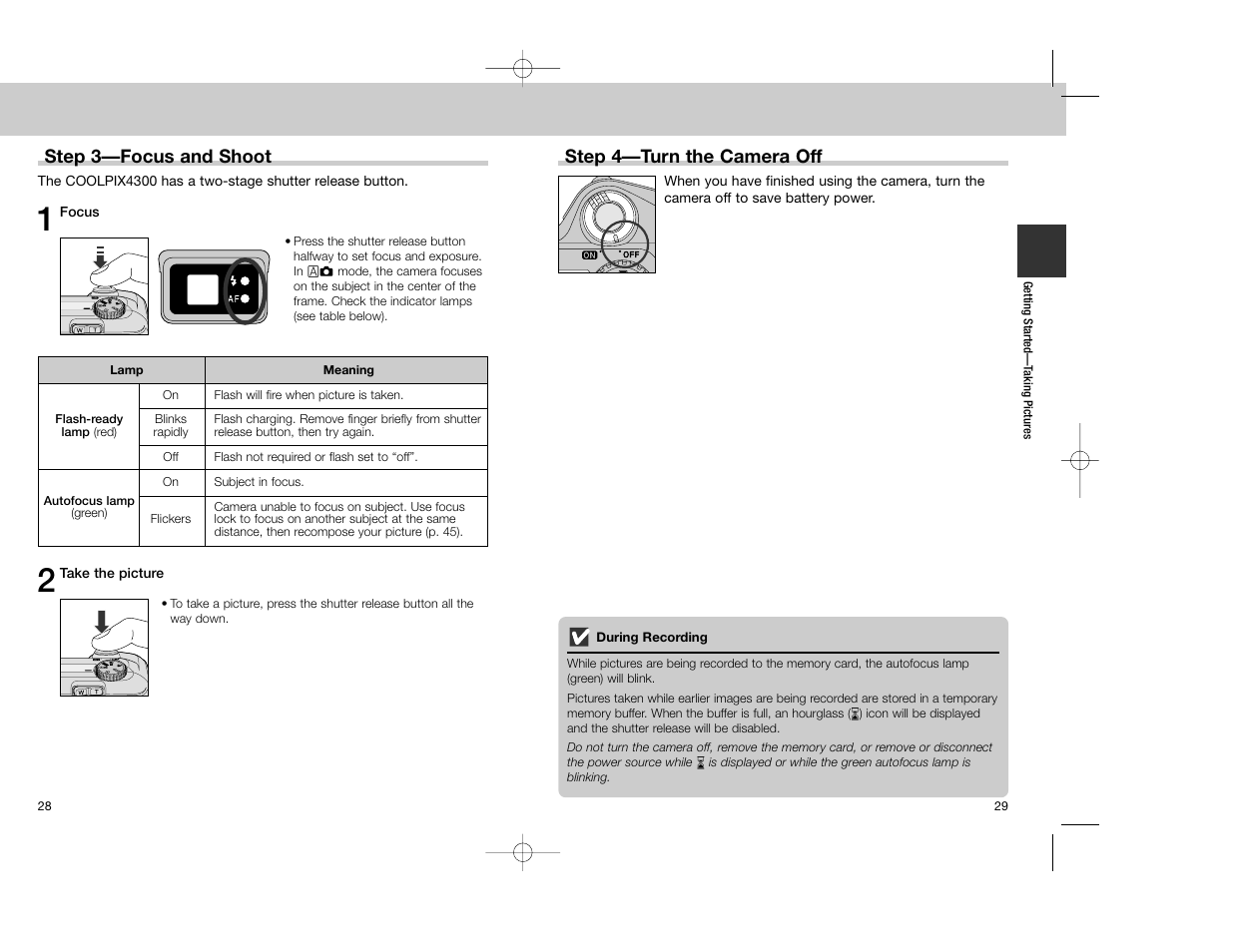 Step 3—focus and shoot, Step 4—turn the camera off | Nikon Coolpix 4300 User Manual | Page 15 / 77