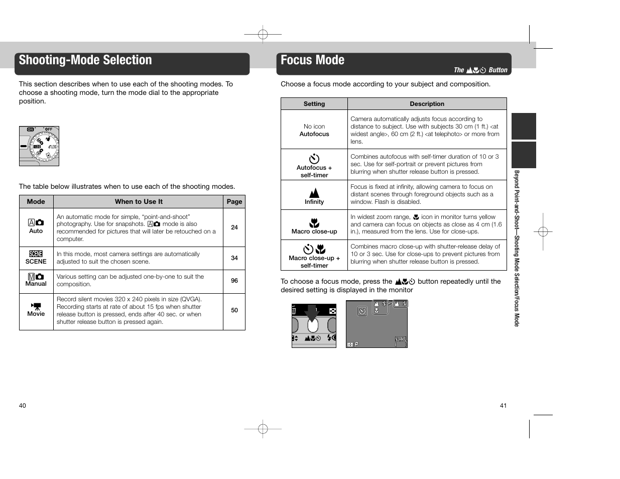 Shooting-mode selection, Focus mode | Nikon Coolpix 4300 User Manual | Page 21 / 77
