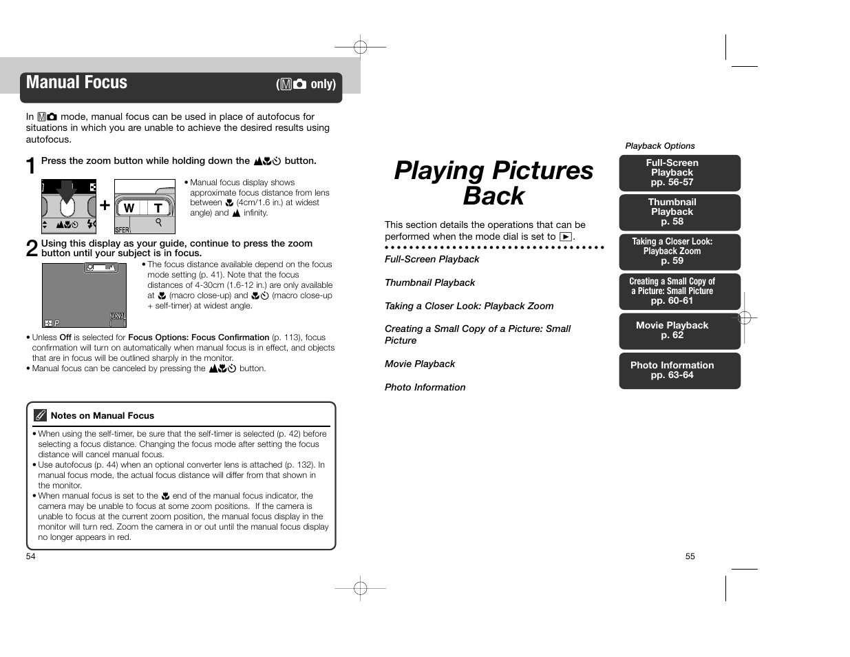 Playing pictures back, Manual focus | Nikon Coolpix 4300 User Manual | Page 28 / 77