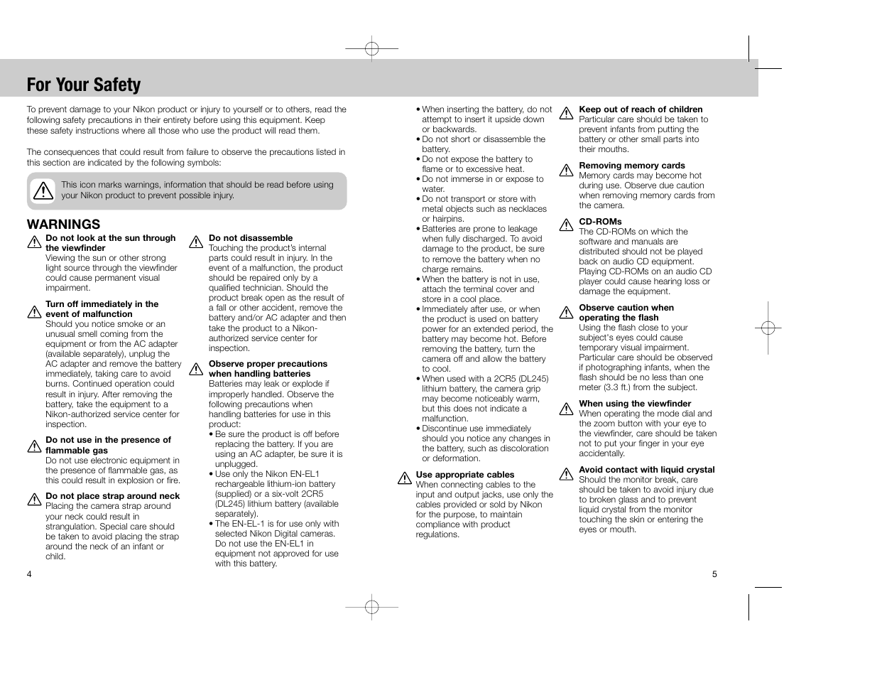 For your safety, Warnings | Nikon Coolpix 4300 User Manual | Page 3 / 77