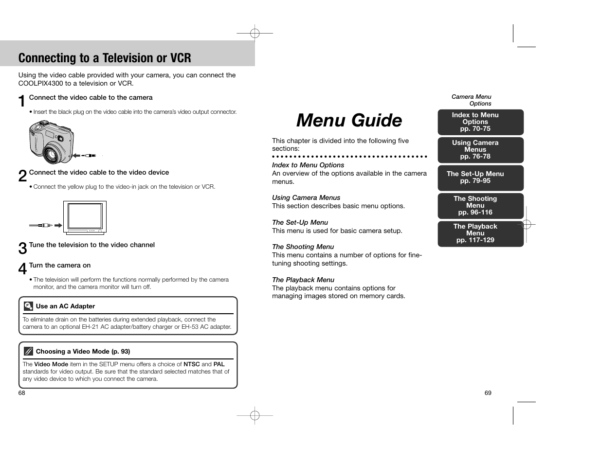 Menu guide, Connecting to a television or vcr | Nikon Coolpix 4300 User Manual | Page 35 / 77