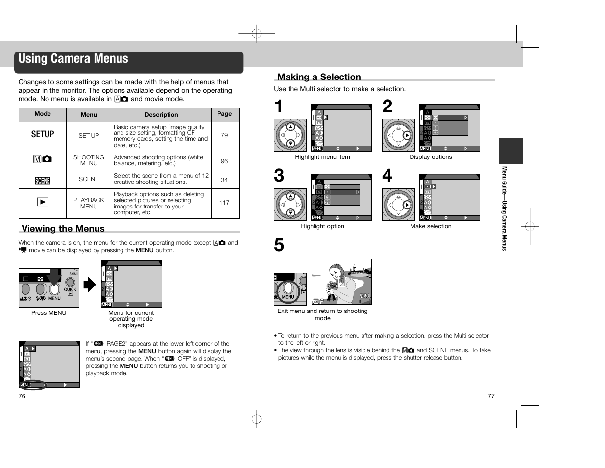 Using camera menus, Setup, Viewing the menus | Making a selection | Nikon Coolpix 4300 User Manual | Page 39 / 77