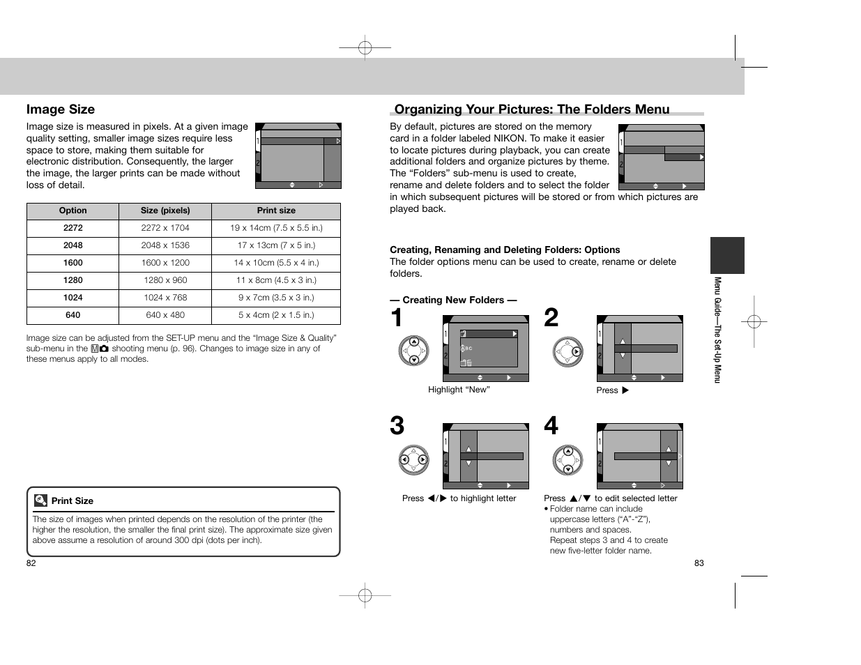 Organizing your pictures: the folders menu, Image size | Nikon Coolpix 4300 User Manual | Page 42 / 77