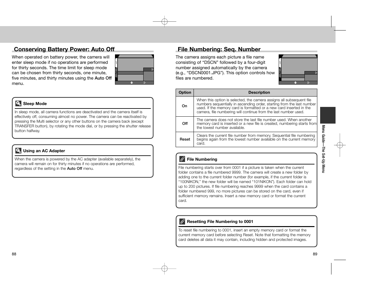 Conserving battery power: auto off, File numbering: seq. number | Nikon Coolpix 4300 User Manual | Page 45 / 77