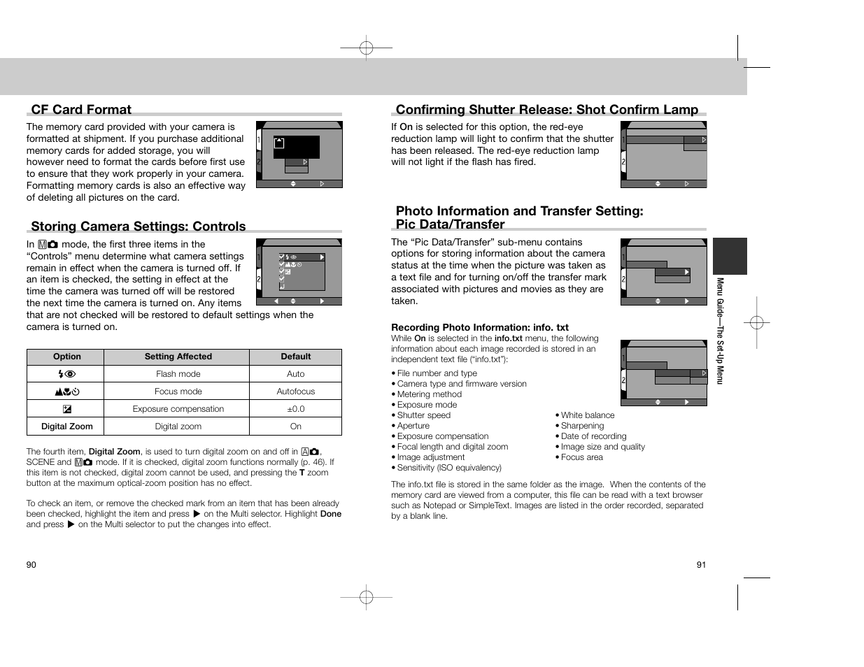 Cf card format, Storing camera settings: controls, Confirming shutter release: shot confirm lamp | Nikon Coolpix 4300 User Manual | Page 46 / 77