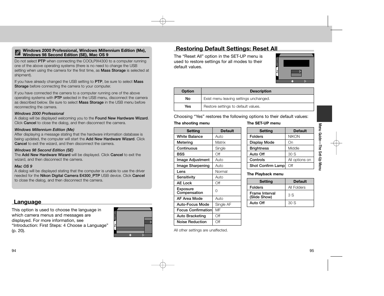 Language, Restoring default settings: reset all | Nikon Coolpix 4300 User Manual | Page 48 / 77