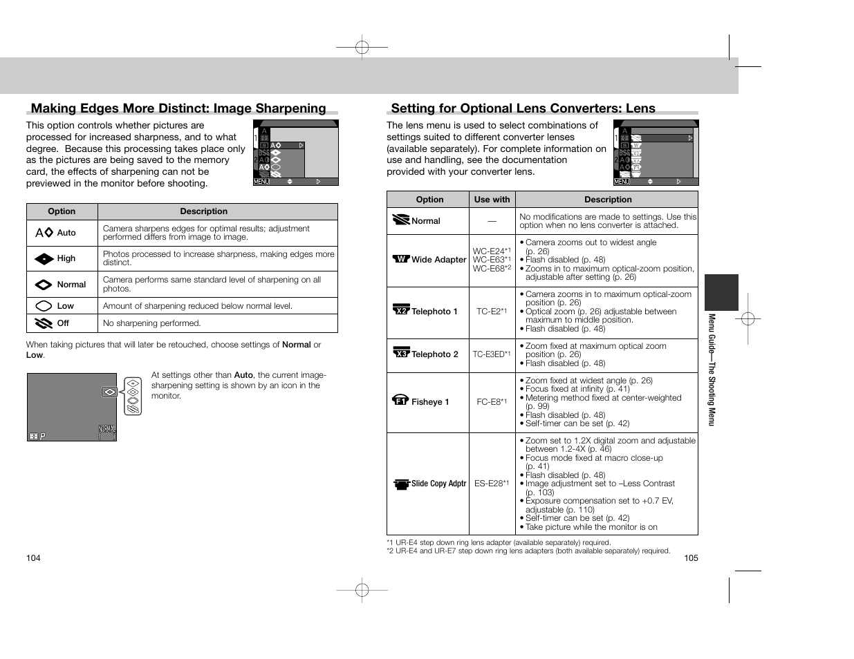 Making edges more distinct: image sharpening, Setting for optional lens converters: lens | Nikon Coolpix 4300 User Manual | Page 53 / 77