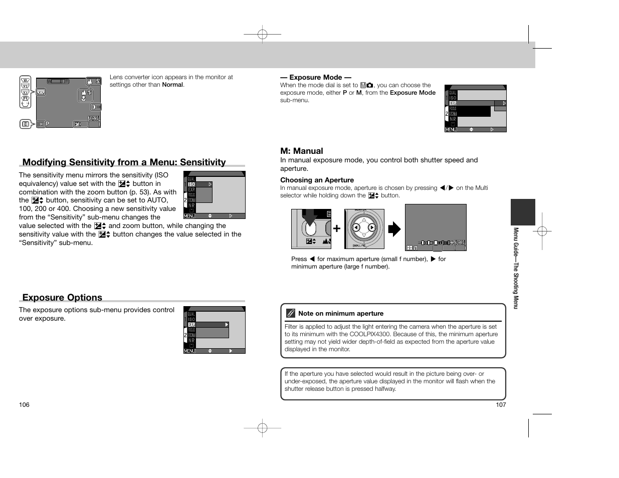 Modifying sensitivity from a menu: sensitivity, Exposure options, M: manual | Nikon Coolpix 4300 User Manual | Page 54 / 77