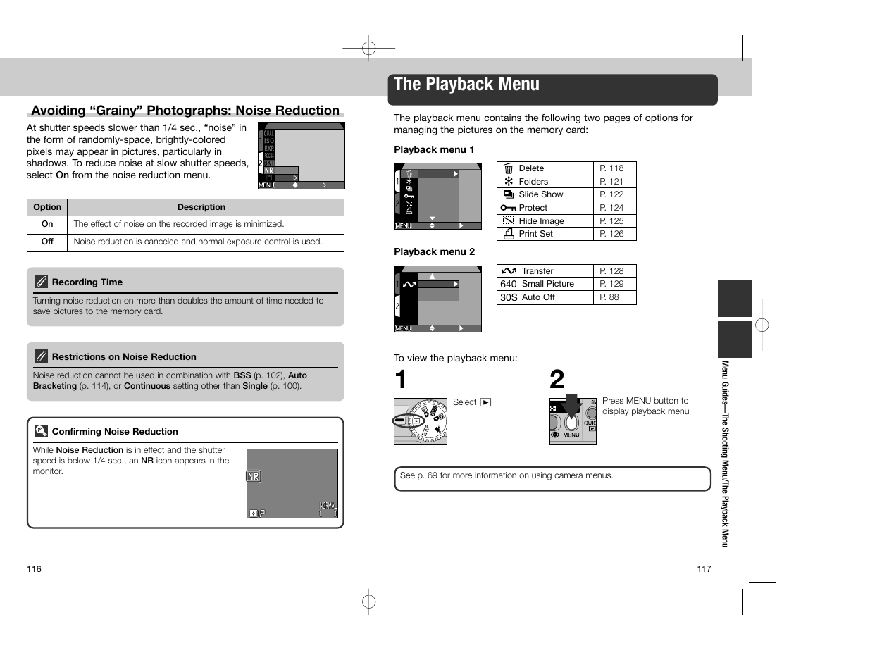 The playback menu, Avoiding “grainy” photographs: noise reduction | Nikon Coolpix 4300 User Manual | Page 59 / 77