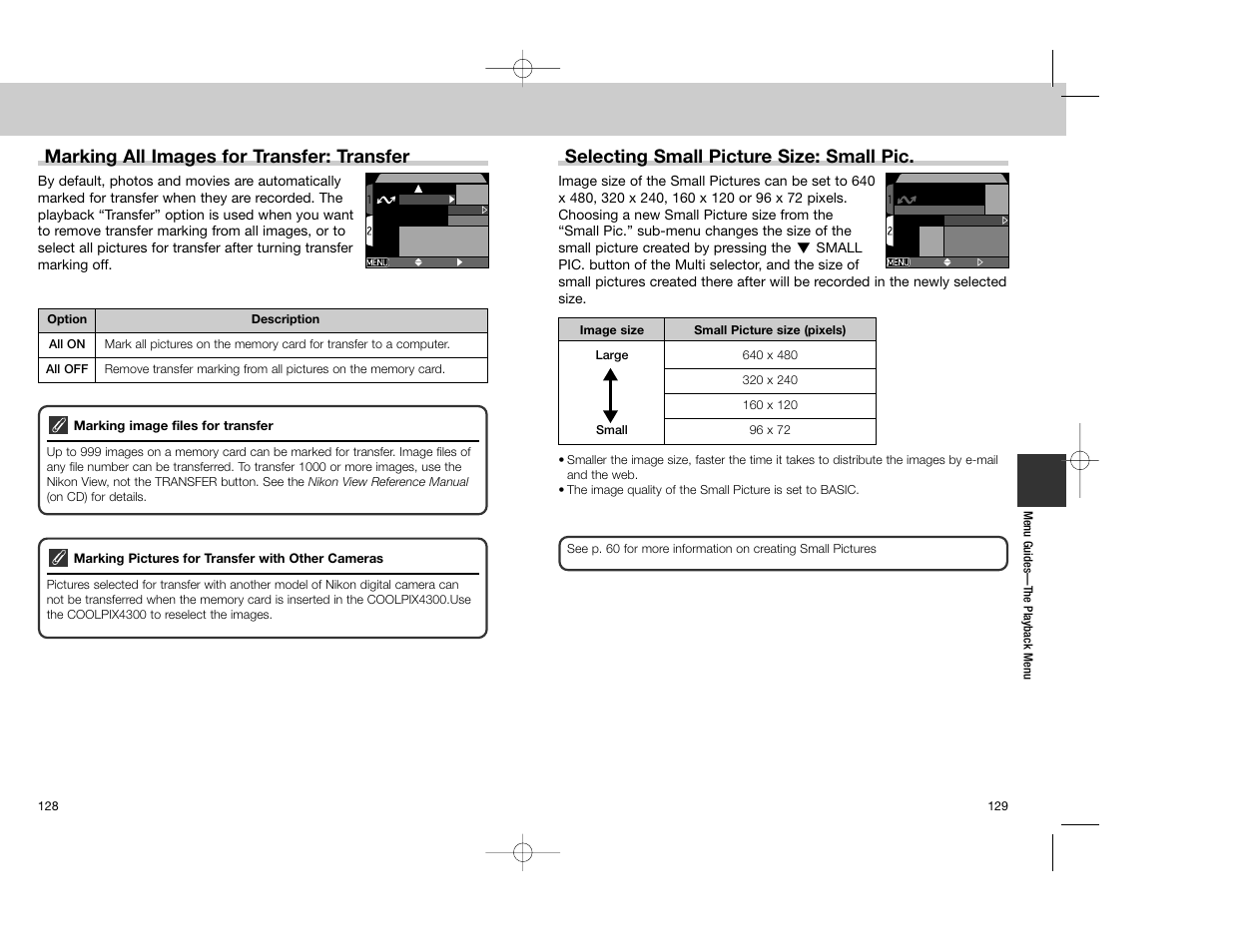 Marking all images for transfer: transfer, Selecting small picture size: small pic | Nikon Coolpix 4300 User Manual | Page 65 / 77