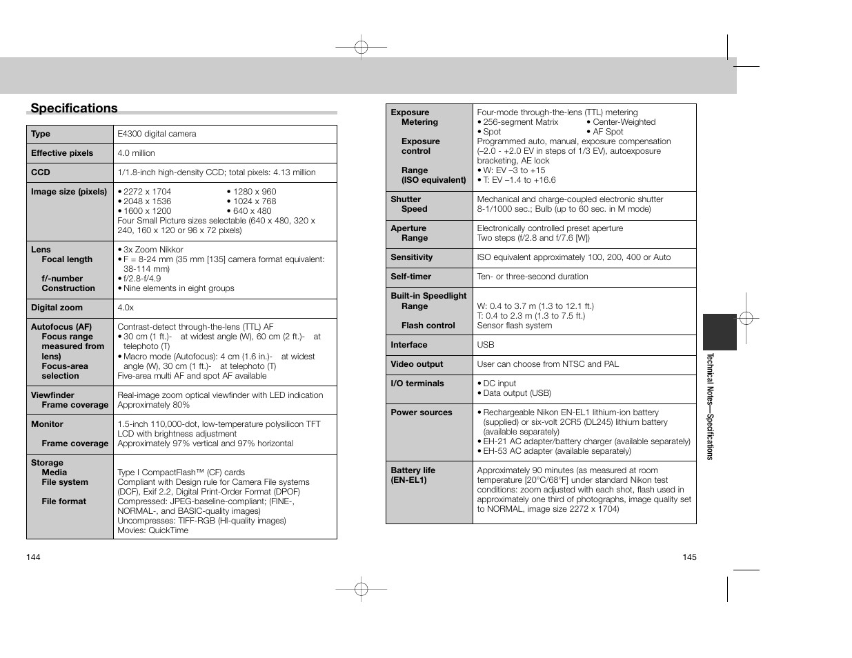 Specifications | Nikon Coolpix 4300 User Manual | Page 73 / 77