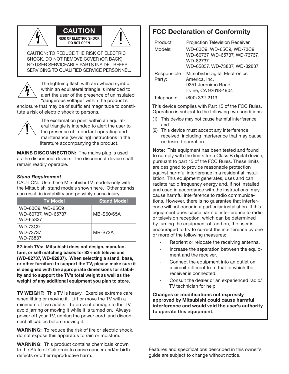 Fcc declaration of conformity, Caution | Nikon DLP 837 Series User Manual | Page 2 / 86