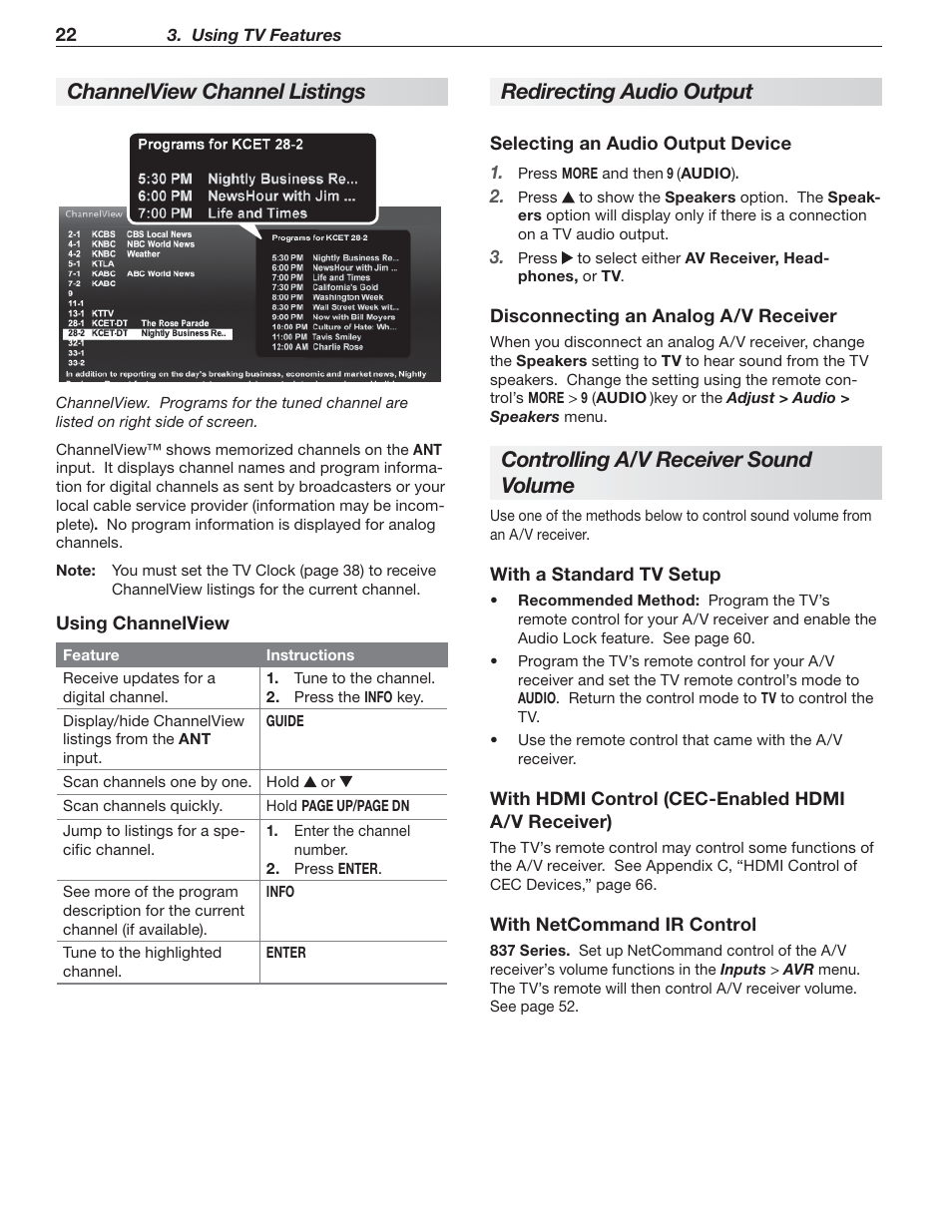 Ch annelview channel listings, Redirecting audio output, C ontrolling a/v receiver sound volume | Nikon DLP 837 Series User Manual | Page 22 / 86