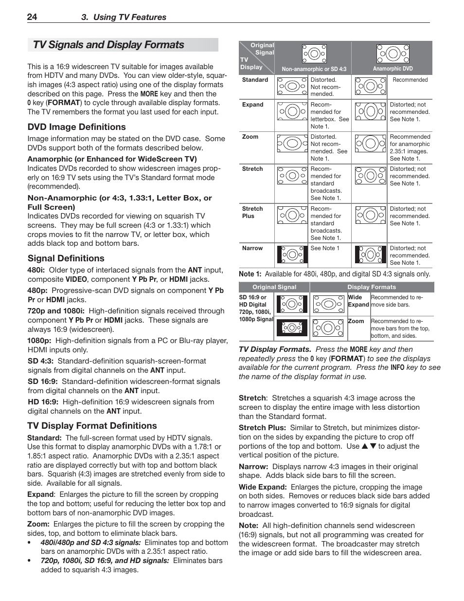 Tv signals and display formats, Signal definitions, Dvd image definitions | Tv display format definitions | Nikon DLP 837 Series User Manual | Page 24 / 86