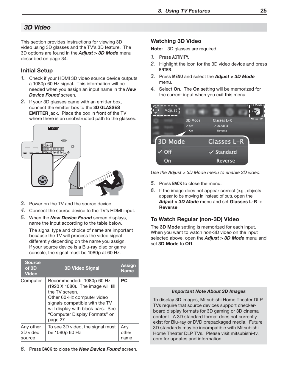 3 d video, Initial setup, Watching 3d video | Using tv features | Nikon DLP 837 Series User Manual | Page 25 / 86