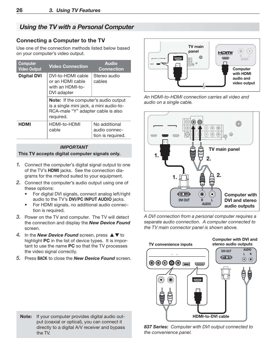 Using the tv with a pe rsonal computer, Connecting a computer to the tv, Using tv features | Back to close the new device found screen, Dvi out audio r l | Nikon DLP 837 Series User Manual | Page 26 / 86