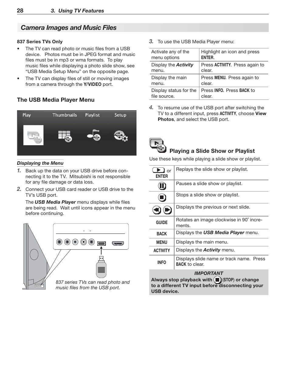 Camera images and m usic files, The usb media player menu, Playing a slide show or playlist | Nikon DLP 837 Series User Manual | Page 28 / 86