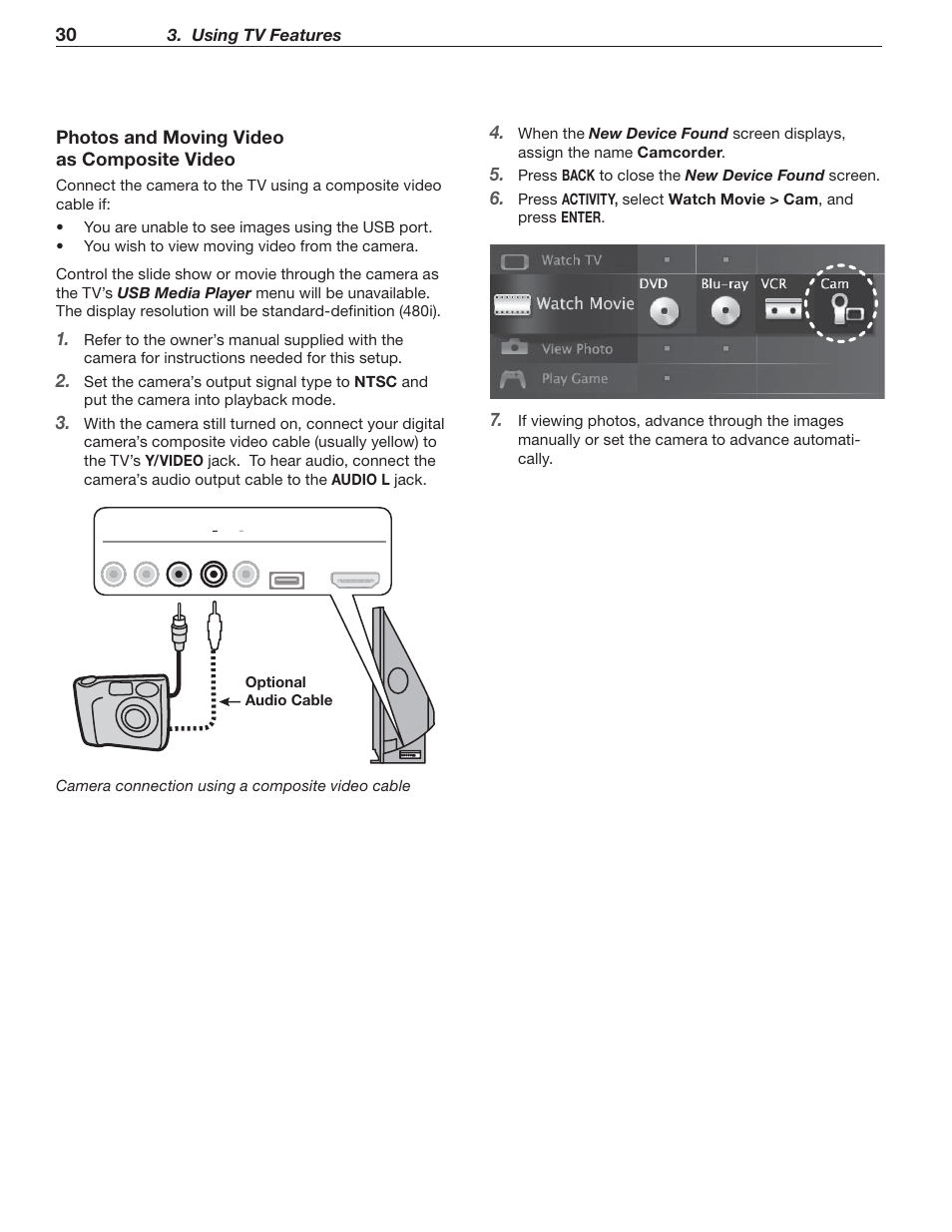 Phot os and moving video as composite video, Using tv features | Nikon DLP 837 Series User Manual | Page 30 / 86