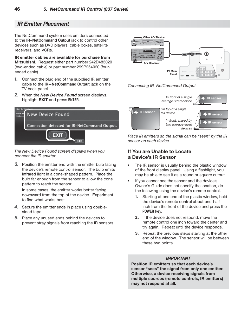 Ir e mitter placement, If you are unable to locate a device’s ir sensor, Netcommand ir control (837 series) | Prevent stray signals from reaching the ir sensors, Connecting ir–net command output, Pb y/ video pr pb pr input 2 input 1, Y/ video, Y/ vide y/ video o | Nikon DLP 837 Series User Manual | Page 46 / 86