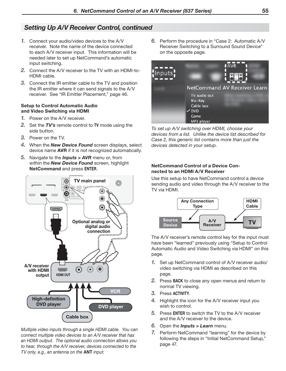 Setting up a/v receiver control, continued, Netcommand control of an a/v receiver (837 series), Set the | When the, Wish to control. press, Hdmi cable, Any connection type source device a/v receiver | Nikon DLP 837 Series User Manual | Page 55 / 86