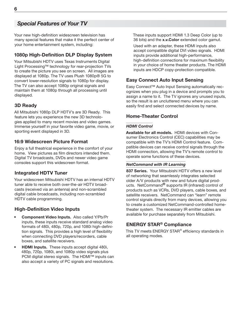 Special features of your tv | Nikon DLP 837 Series User Manual | Page 6 / 86