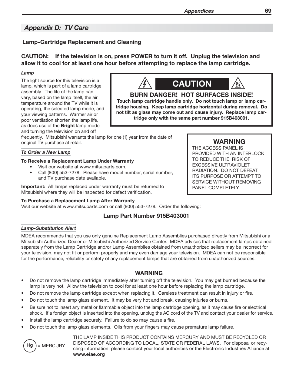 Caution, Warning, Appendix d: tv care | Burn danger! hot surfaces inside | Nikon DLP 837 Series User Manual | Page 69 / 86