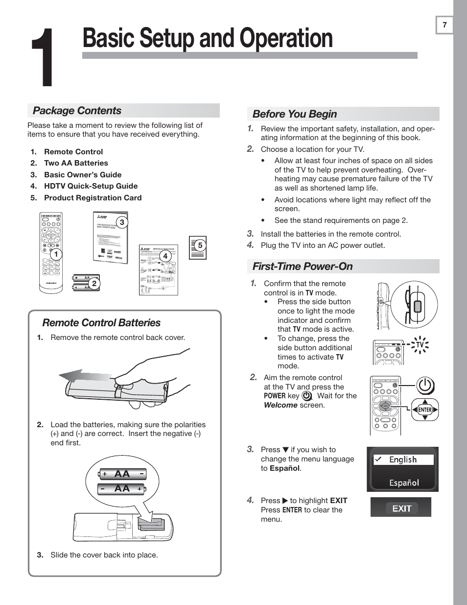 Basic setup and operation, Before you begin, First-time power-on | Package contents, R emote control batteries | Nikon DLP 837 Series User Manual | Page 7 / 86