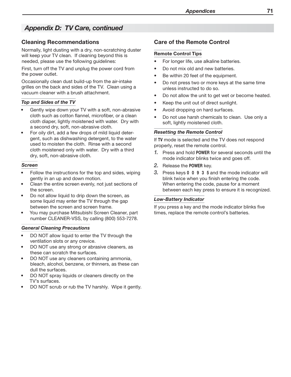 Appendix d: tv care, continued | Nikon DLP 837 Series User Manual | Page 71 / 86