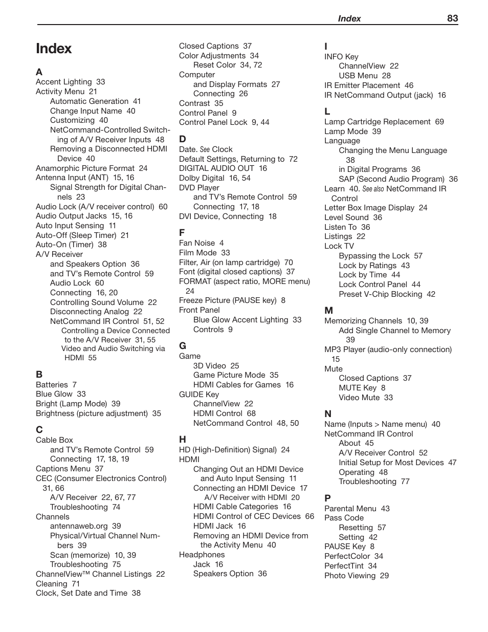 Index | Nikon DLP 837 Series User Manual | Page 83 / 86