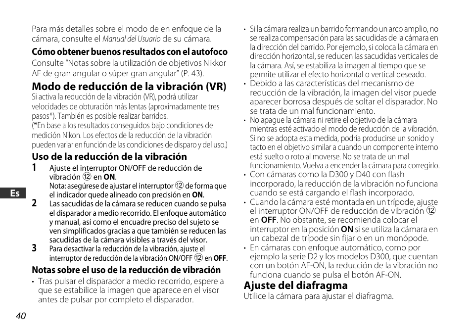 Modo de reducción de la vibración (vr), Ajuste del diafragma | Nikon AF-S DX User Manual | Page 40 / 104