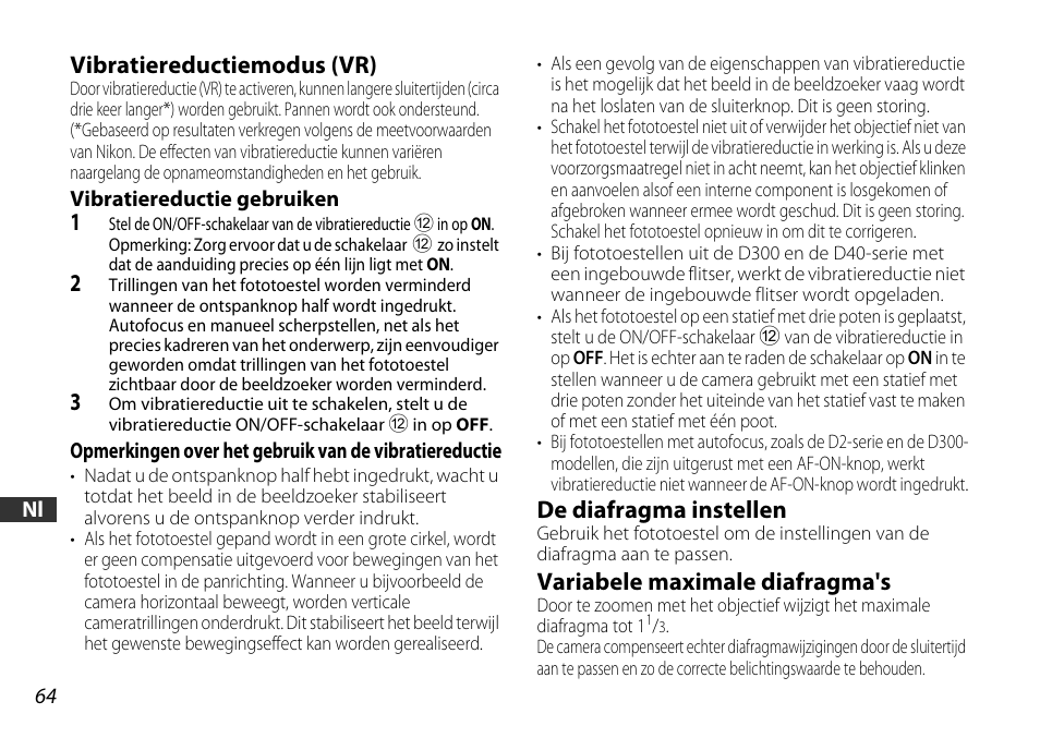 Vibratiereductiemodus (vr), De diafragma instellen, Variabele maximale diafragma's | Nikon AF-S DX User Manual | Page 64 / 104