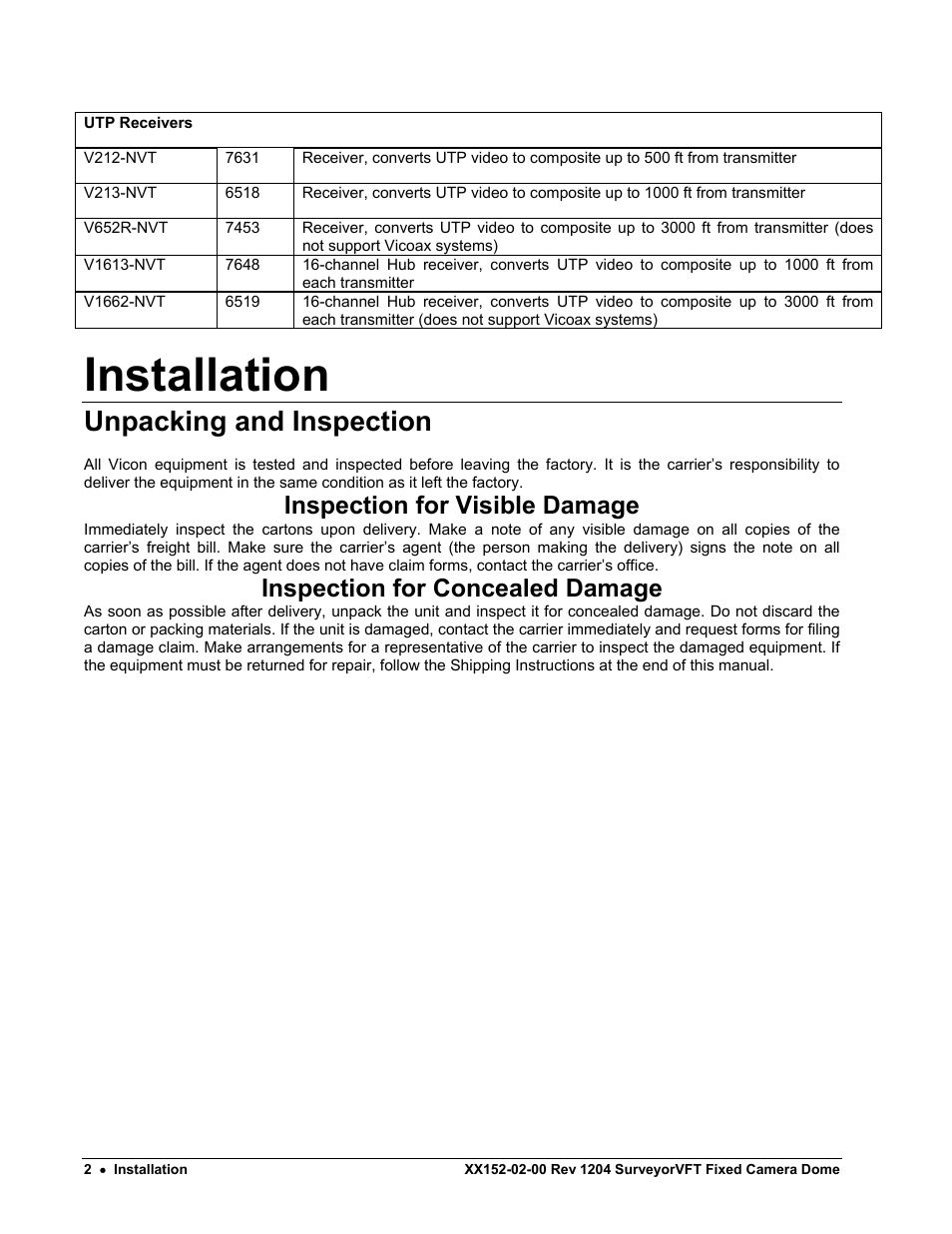 Installation, Unpacking and inspection, Inspection for visible damage | Inspection for concealed damage | Nikon XX152-02-00 User Manual | Page 12 / 36