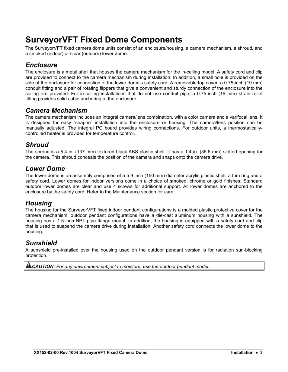 Surveyorvft fixed dome components, Enclosure, Camera mechanism | Shroud, Lower dome, Housing, Sunshield | Nikon XX152-02-00 User Manual | Page 13 / 36