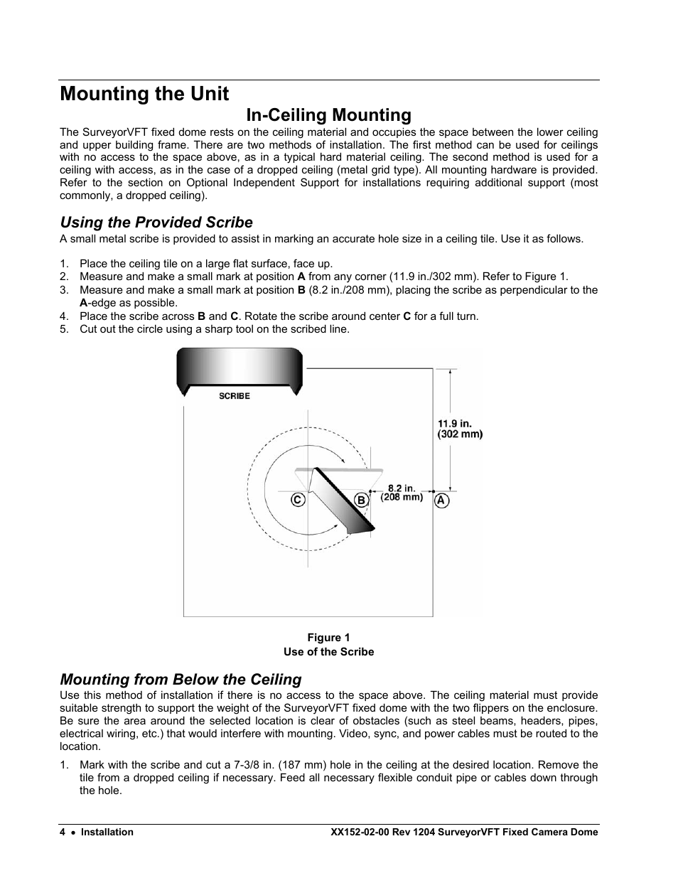 Mounting the unit, In-ceiling mounting, Using the provided scribe | Mounting from below the ceiling | Nikon XX152-02-00 User Manual | Page 14 / 36